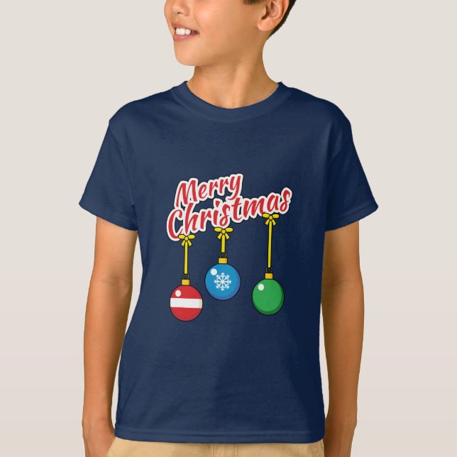 Camiseta Feliz Navidad con bolas colgadas (Anverso)