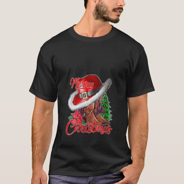 Camiseta Feliz Navidad Cowboy Boots Árbol de Navidad Luces  (Anverso)