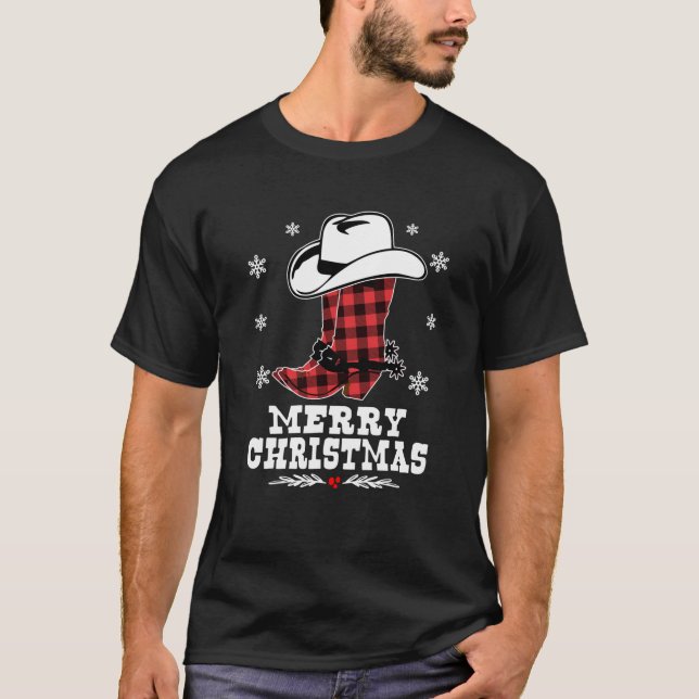 Camiseta Feliz Navidad Cowboy Boots Red Buffalo Plaid Wes (Anverso)