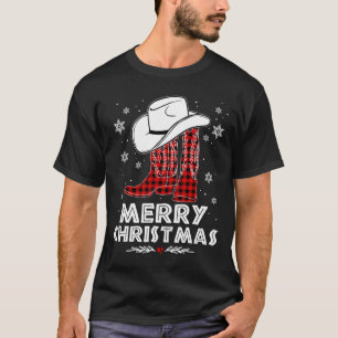 Camiseta Feliz Navidad Cowboy Boots Red Buffalo Plaid Wes