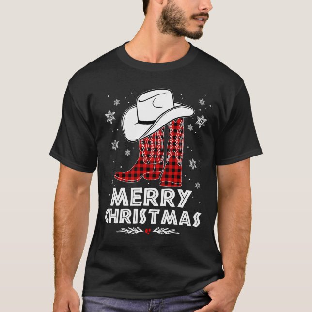 Camiseta Feliz Navidad Cowboy Boots Red Buffalo Plaid Wes (Anverso)