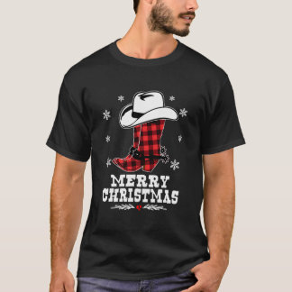 Camiseta Feliz Navidad Cowboy Boots Red Buffalo Plaid Xma