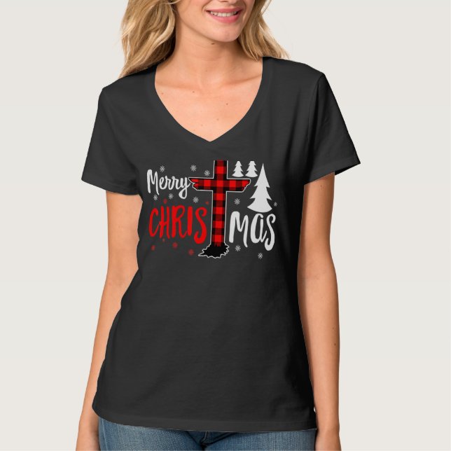 Camiseta Feliz Navidad Cristianos Buffalo Plaid Tee (Anverso)