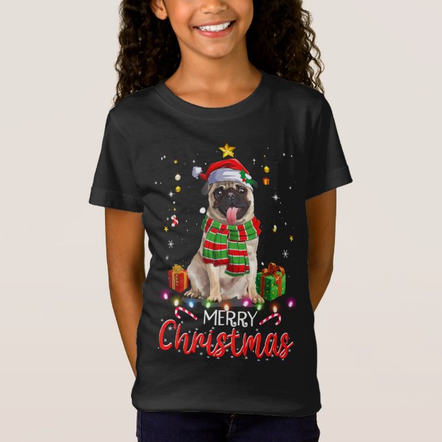 Camiseta Feliz Navidad Cute Pug Santa Hat Tree Encender Xma (Anverso)