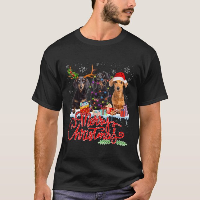 Camiseta Feliz Navidad Dachshund Perros Santa Reindeer Ligh (Anverso)