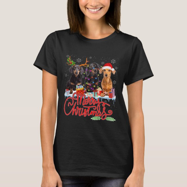 Camiseta Feliz Navidad Dachshund Perros Santa Reindeer Ligh (Anverso)
