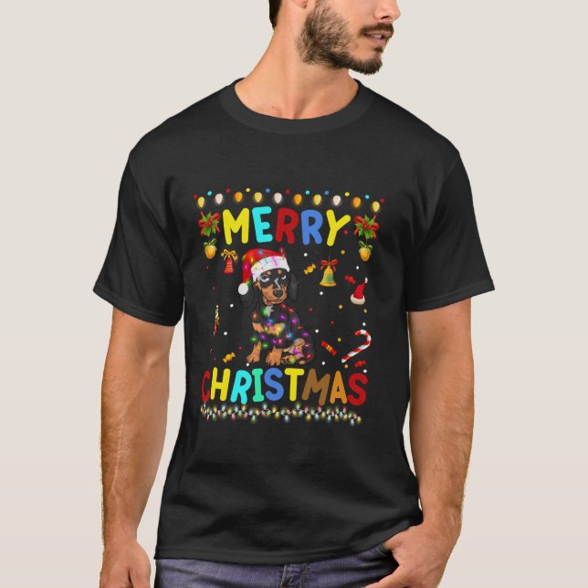 Camiseta Feliz Navidad Dachshund Santa Hat enciende Navidad (Anverso)