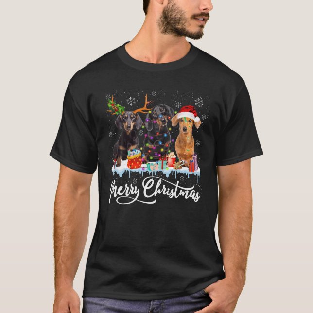 Camiseta Feliz Navidad Dachshund Santa Luz Perro reno (Anverso)