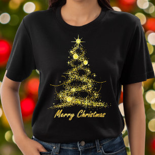 Camiseta Feliz Navidad Elegante Moda Árbol de oro y negro