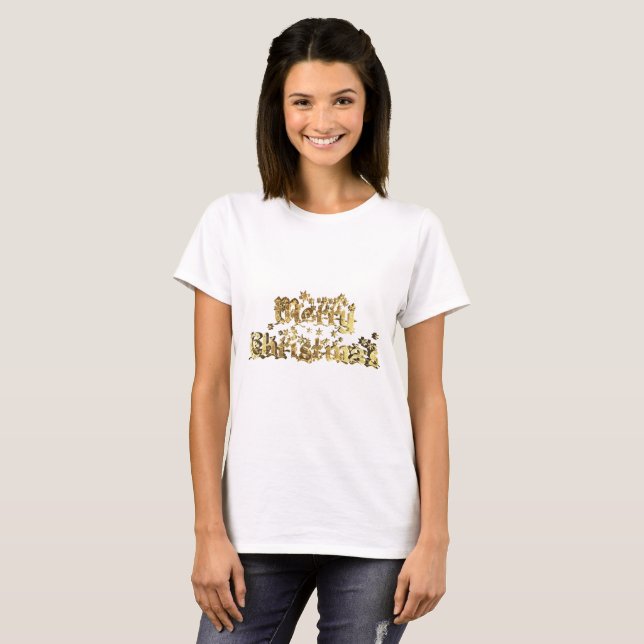 Camiseta Feliz Navidad Elegante Oro Estrellas Typografía (Anverso completo)