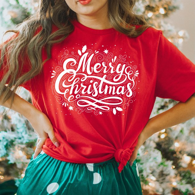 Camiseta Feliz Navidad en escritura blanca (Holiday Merry Christmas in White Script T-Shirt)