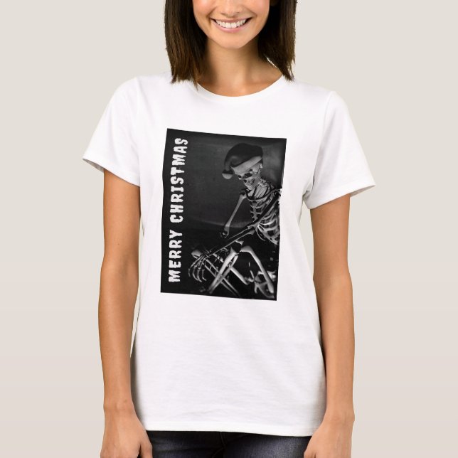 Camiseta Feliz Navidad. Esqueleto con sombrero de Santa (Anverso)