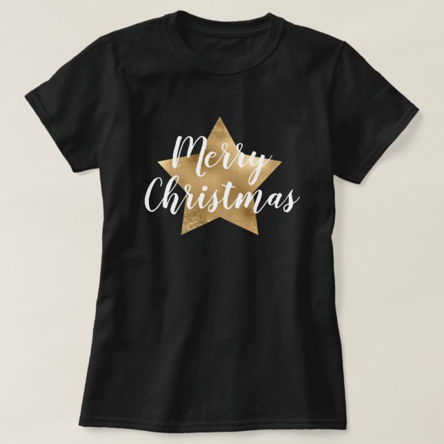Camiseta Feliz Navidad Estrella Dorada Negra (Diseño del anverso)