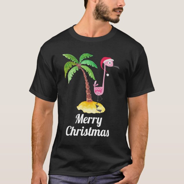 Camiseta Feliz Navidad Flamingo Rosa en Santa Hat (Anverso)