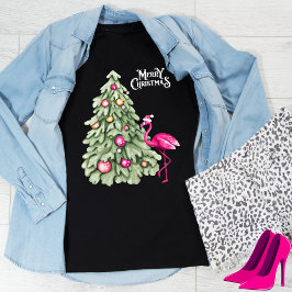 Camiseta Feliz Navidad Flamingo rosa y árbol pastel