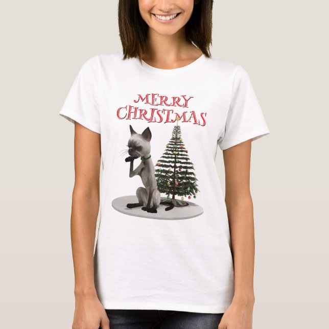 Camiseta Feliz Navidad. Gato con árbol (Anverso)