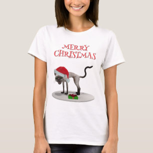 Camiseta Feliz Navidad. Gato con sombrero de Santa