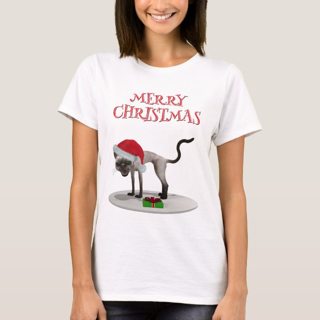 Camiseta Feliz Navidad. Gato con sombrero de Santa (Anverso)