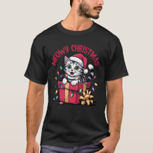 Camiseta Feliz Navidad Gato Divertido Enredado en Luces Nav
