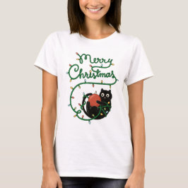 Camiseta Feliz Navidad Gato negro con ornamento y luces