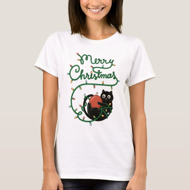 Camiseta Feliz Navidad Gato negro con ornamento y luces (Anverso)