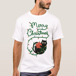 Camiseta Feliz Navidad Gato negro con ornamento y luces