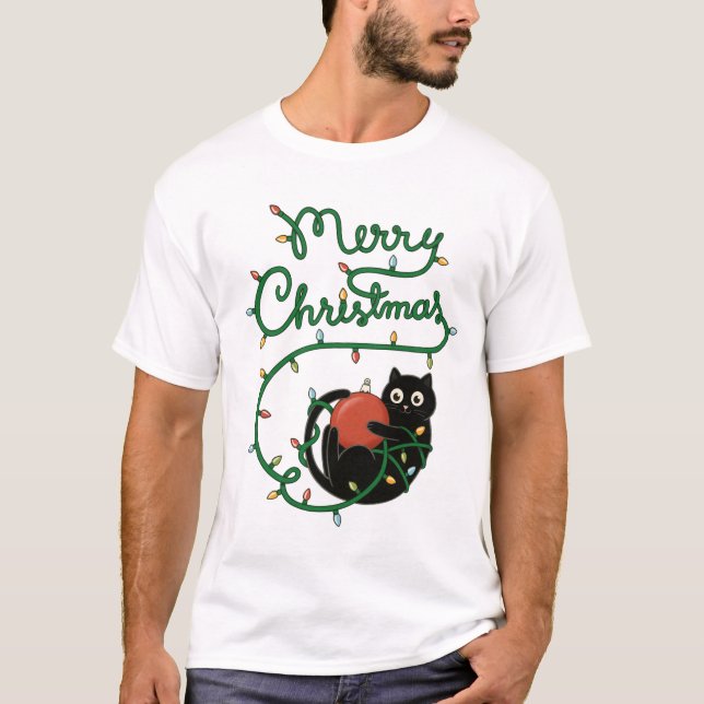 Camiseta Feliz Navidad Gato negro con ornamento y luces (Anverso)