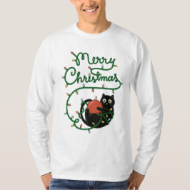 Camiseta Feliz Navidad Gato negro con ornamento y luces
