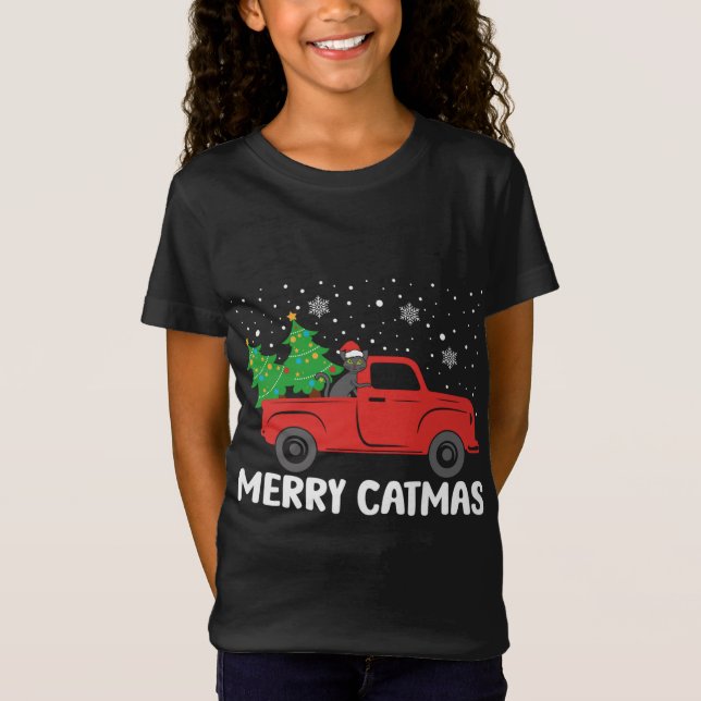 Camiseta Feliz Navidad Gato negro y Árbol de Navidad Truco  (Anverso)
