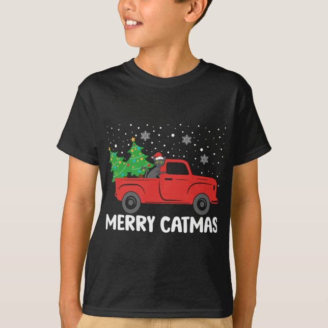 Camiseta Feliz Navidad Gato negro y Árbol de Navidad Truco  (Anverso)