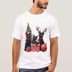 Camiseta Feliz Navidad Gatos Negros Juegan Luces Del Árbol