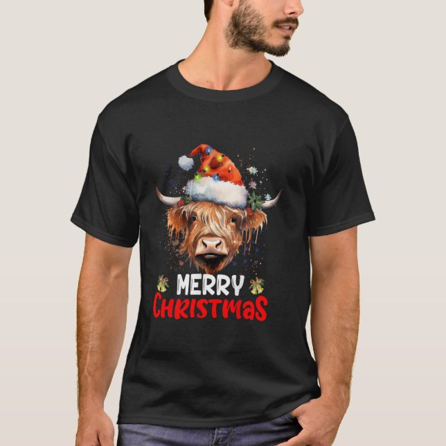 Camiseta Feliz Navidad Highland Cow Western Santa Hat Xma (Anverso)