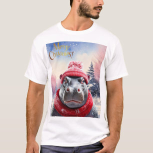 Camiseta Feliz Navidad Hippo Santa sombrero y bufanda