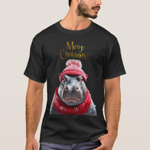 Camiseta Feliz Navidad Hippo Santa sombrero y bufanda