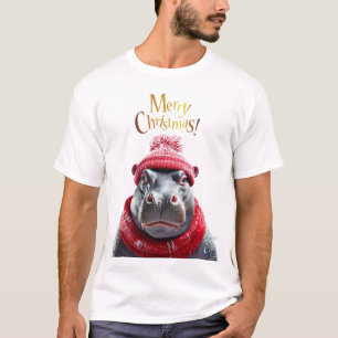 Camiseta Feliz Navidad Hippo Santa sombrero y bufanda