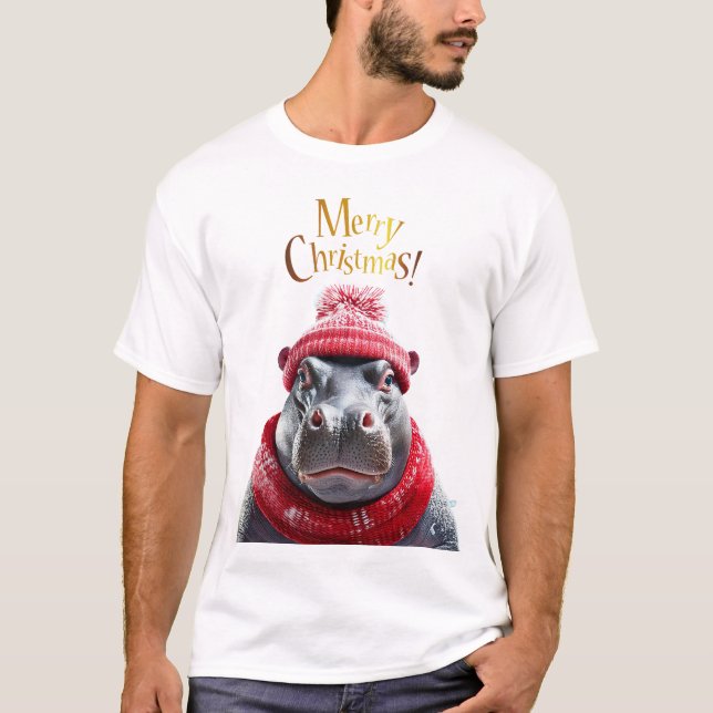 Camiseta Feliz Navidad Hippo Santa sombrero y bufanda (Anverso)