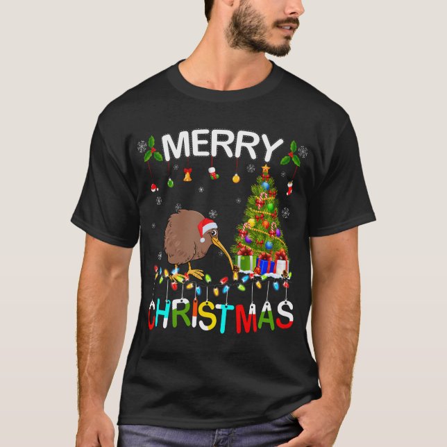 Camiseta Feliz Navidad Kiwi Santa Hat enciende Navidad Kiwi (Anverso)