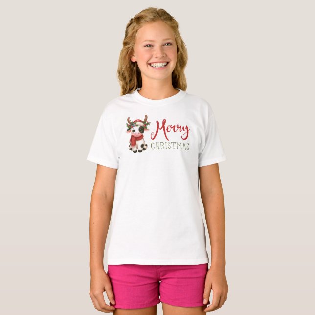 Camiseta Feliz Navidad linda vaca (Anverso completo)