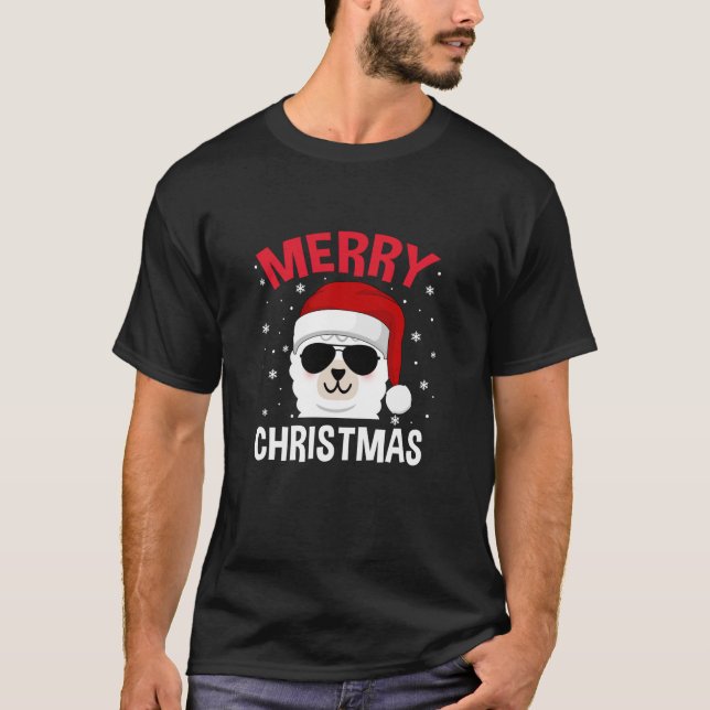 Camiseta Feliz Navidad Llama Santa Hat Gafas de sol Cum Xm (Anverso)