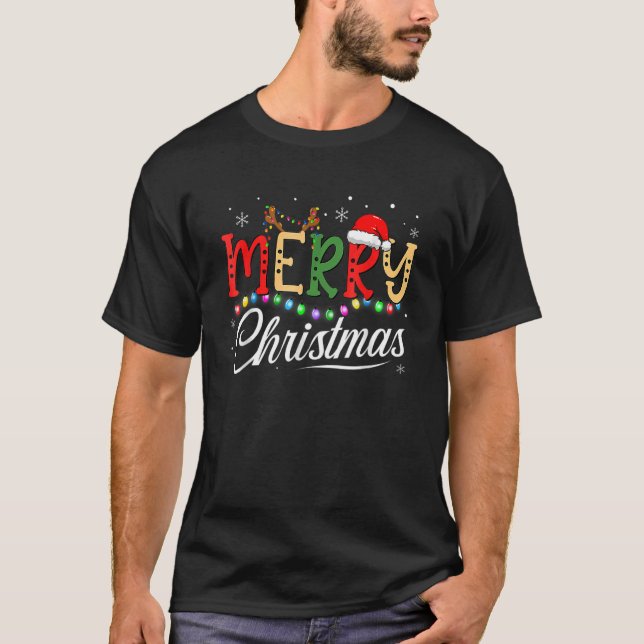 Camiseta Feliz Navidad Luces de reno Santa Hat Xmas Paj (Anverso)