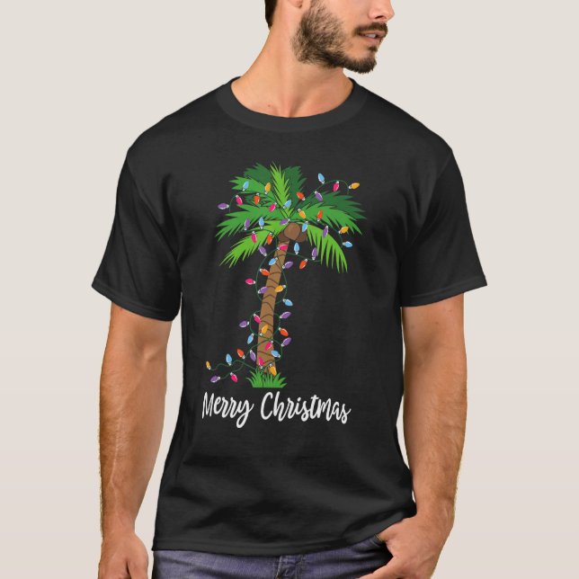 Camiseta Feliz Navidad Luces Palm Tree Beach Navidad Pajama (Anverso)