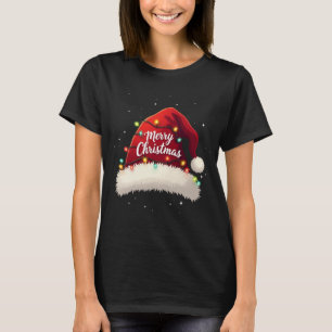 Camiseta Feliz Navidad Luces Red Santa Hat Familia de navid