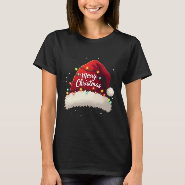 Camiseta Feliz Navidad Luces Red Santa Hat Familia de navid (Anverso)