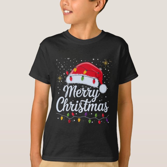 Camiseta Feliz Navidad Luces Red Santa Hat Familia de navid (Anverso)