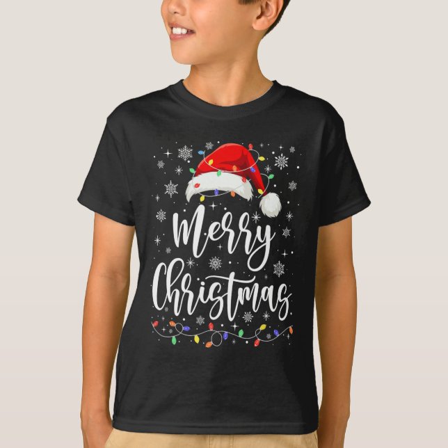 Camiseta Feliz Navidad Luces Red Santa Hat Familia de navid (Anverso)