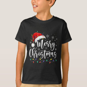 Camiseta Feliz Navidad Luces Red Santa Hat Familia de navid