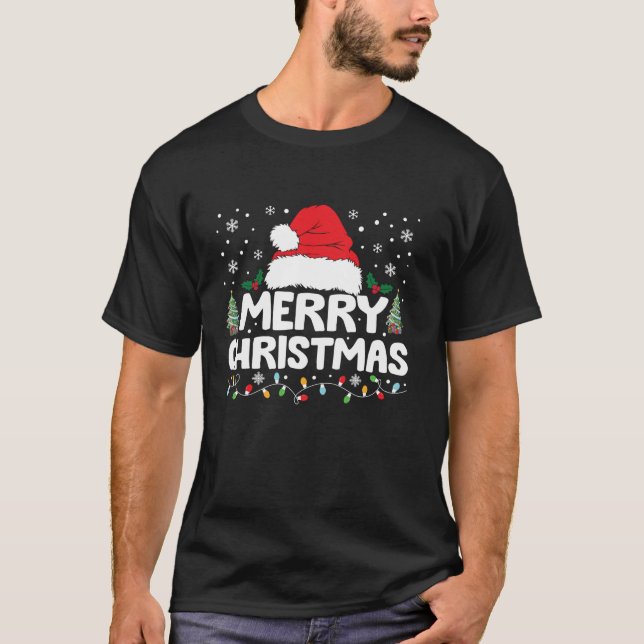 Camiseta Feliz Navidad Luces Red Santa Hat Familia de navid (Anverso)