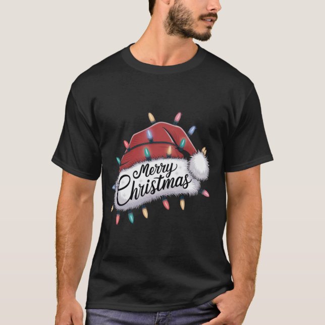 Camiseta Feliz Navidad Luces Red Santa Hat Familia de navid (Anverso)