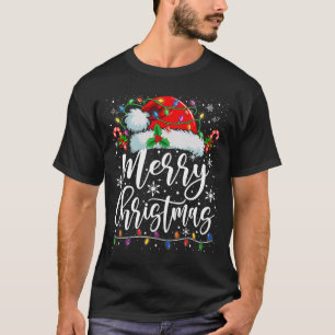 Camiseta Feliz Navidad Luces Red Santa Hat Familia de navid