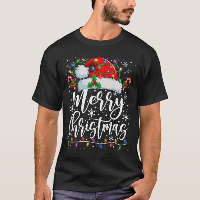 Camiseta Feliz Navidad Luces Red Santa Hat Familia de navid (Anverso)